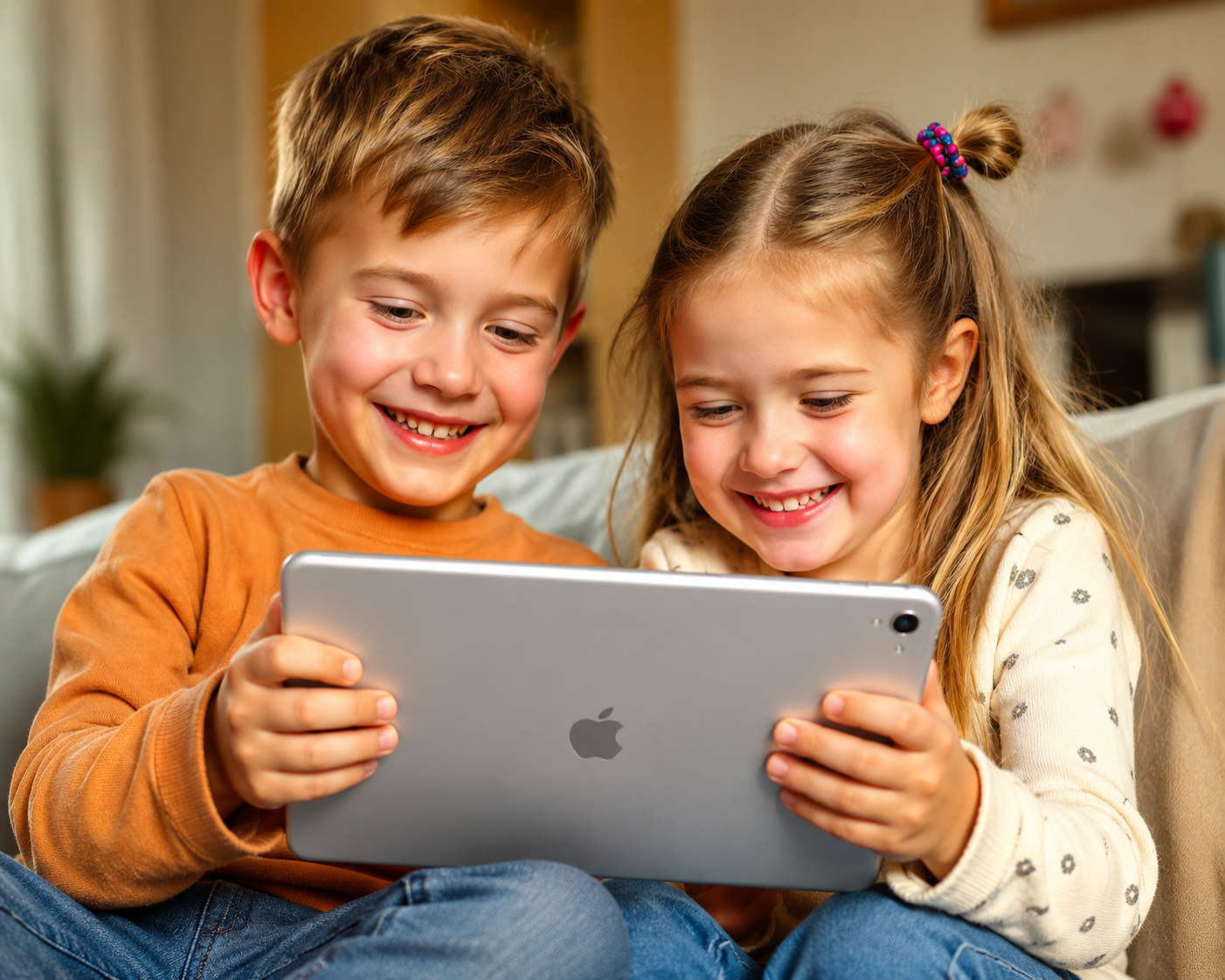 Crianças felizes usando o ReinoTube Kids com tablet em ambiente familiar seguro
